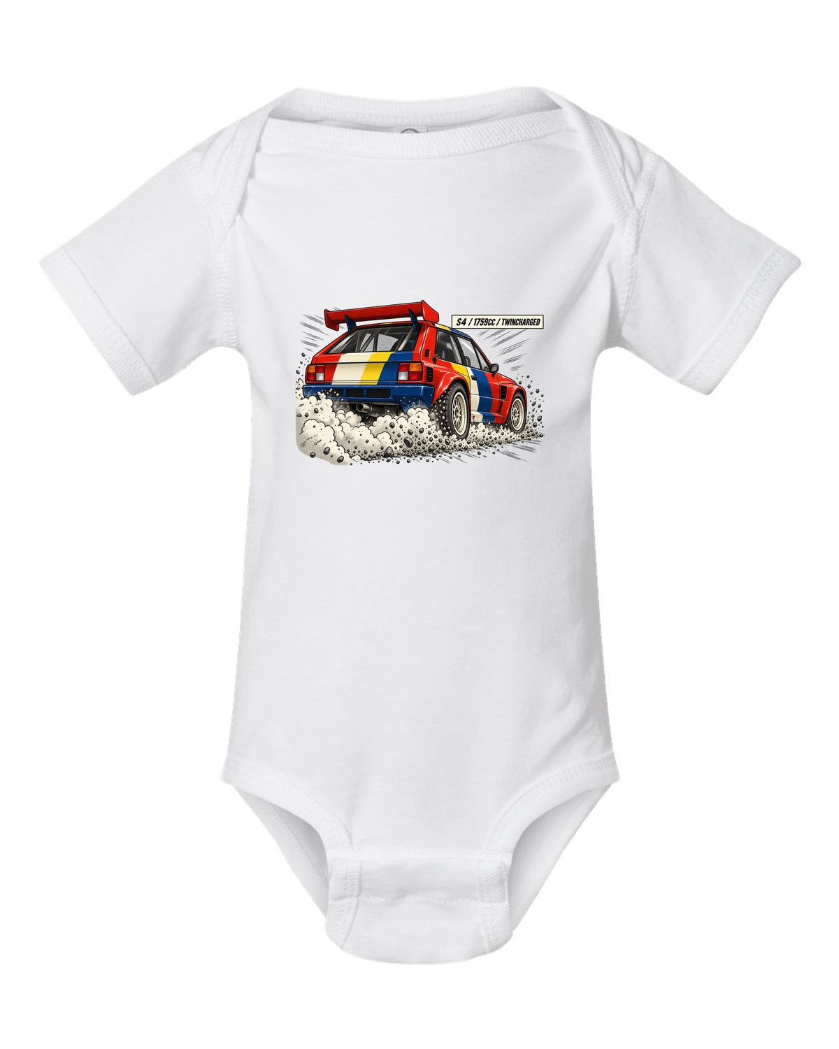 Retro manga halftone panel of the rear of a Lancia Delta S4 with twincharged lettering white baby onesie front view with the design