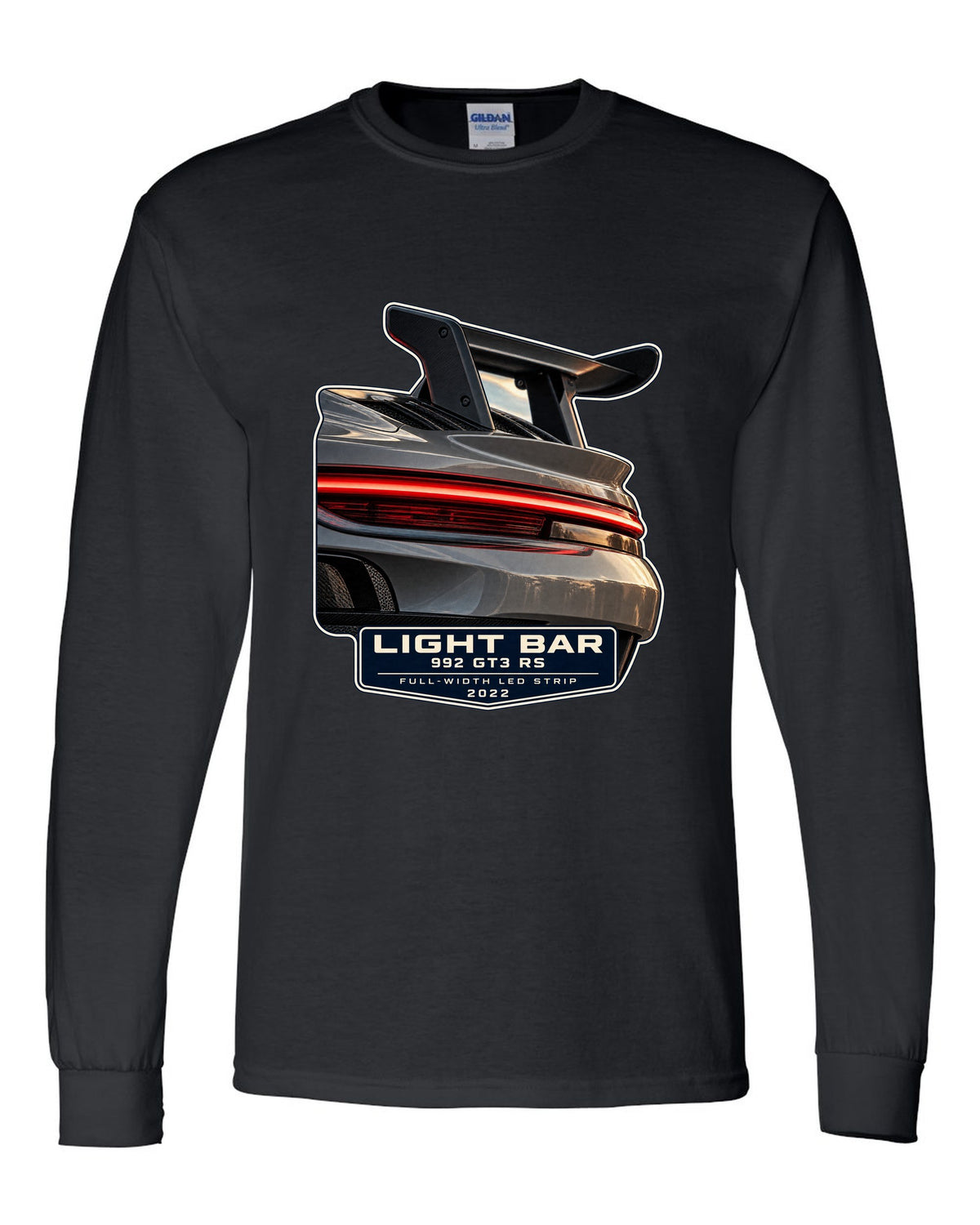 Porsche 992 GT3 RS taillight macro light bar print design black long sleeve front view with the design