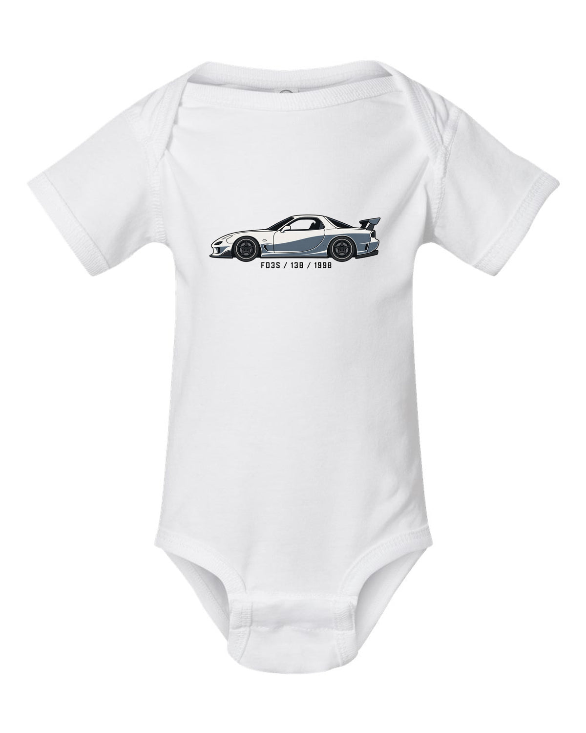 Embroidery-style varsity crest for the Mazda FD3S RX-7 reading TWIN TURBO SEQUENTIAL 1991 white baby onesie front view with the design