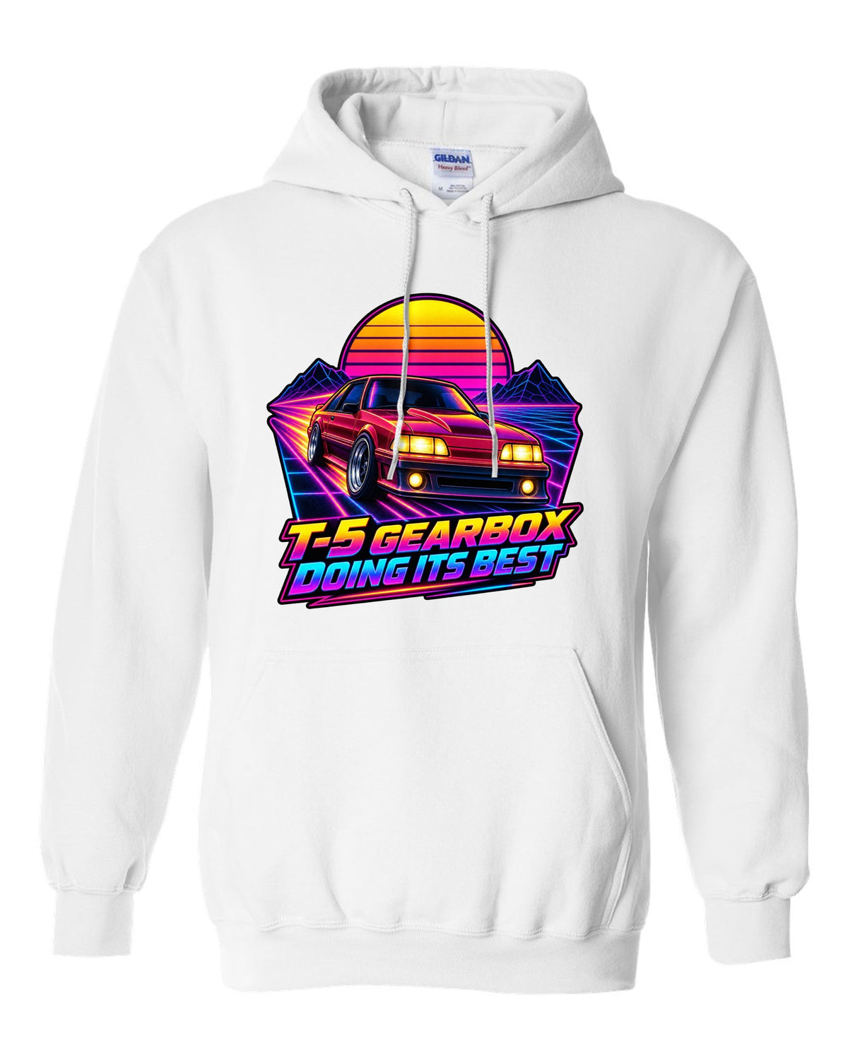 Synthwave sunset grid print of a Ford Mustang Fox Body GT with T-5 gearbox text white pull over hoodie front view with the design