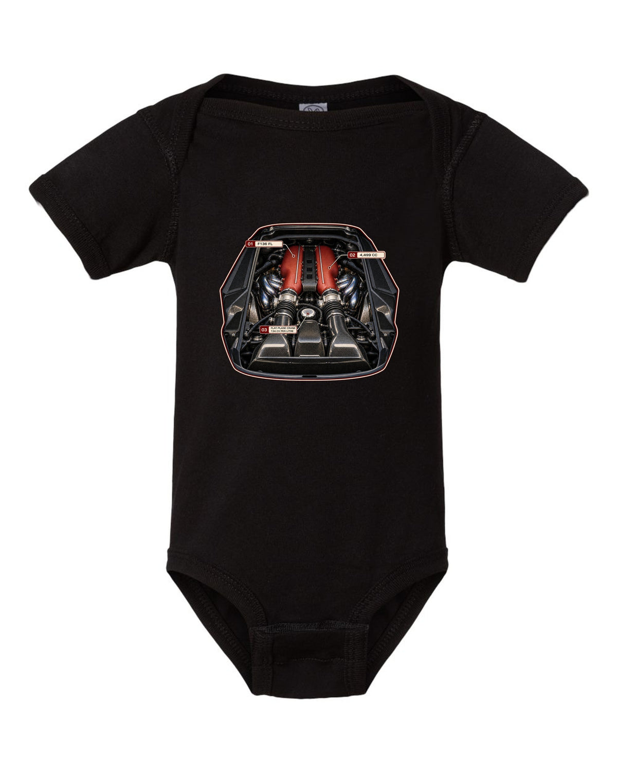 Engine bay print of the Ferrari 458 Speciale F136 FL V8 black baby onesie front view with the design