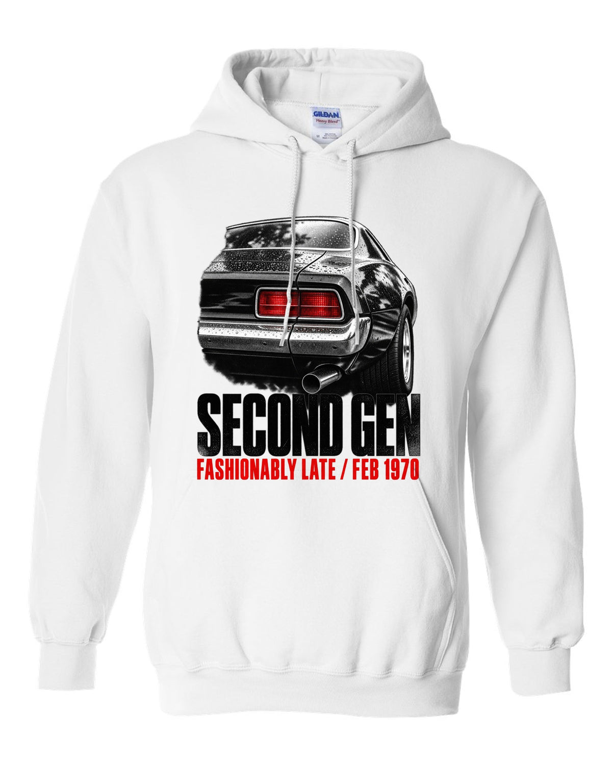 Taillight macro print of a 1970 second-gen Chevrolet Camaro split bumper with Feb 1970 caption white pull over hoodie front view with the design