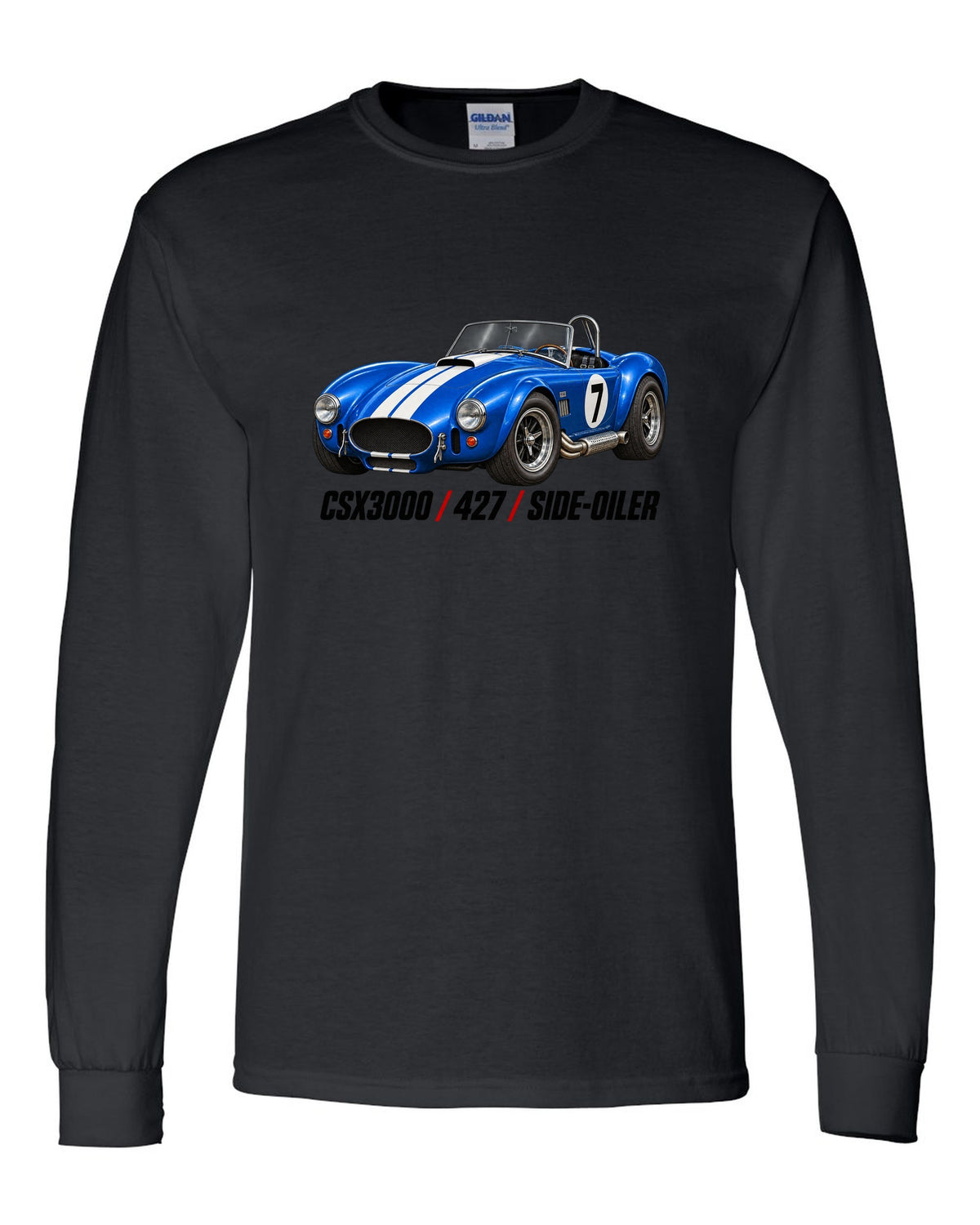 Shelby Cobra 427 CSX3000 Side-Oiler Racing Roundel black long sleeve front view with the design