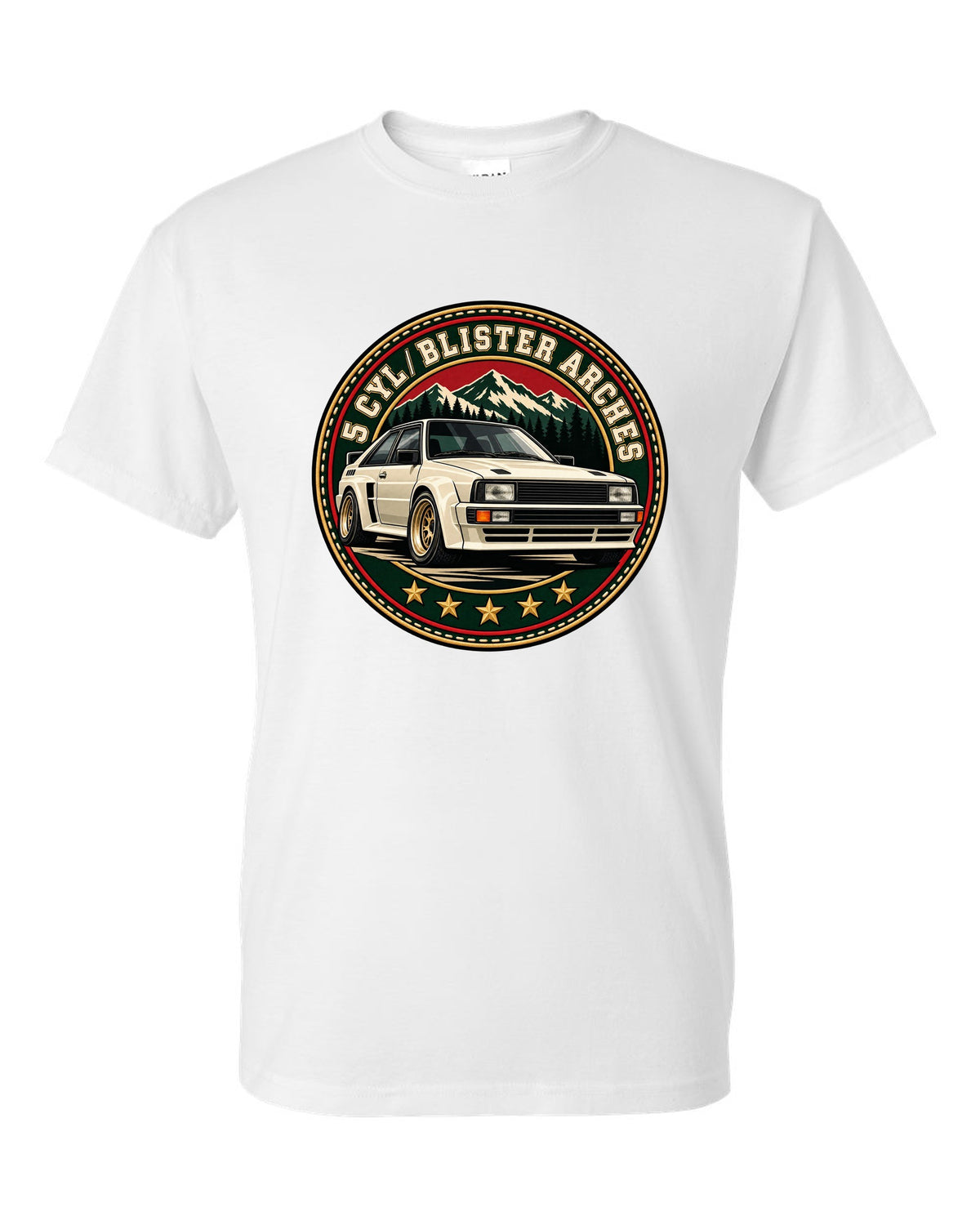 Varsity crest print of an Audi Ur-Quattro with blister arches text white t-shirt front view with the design