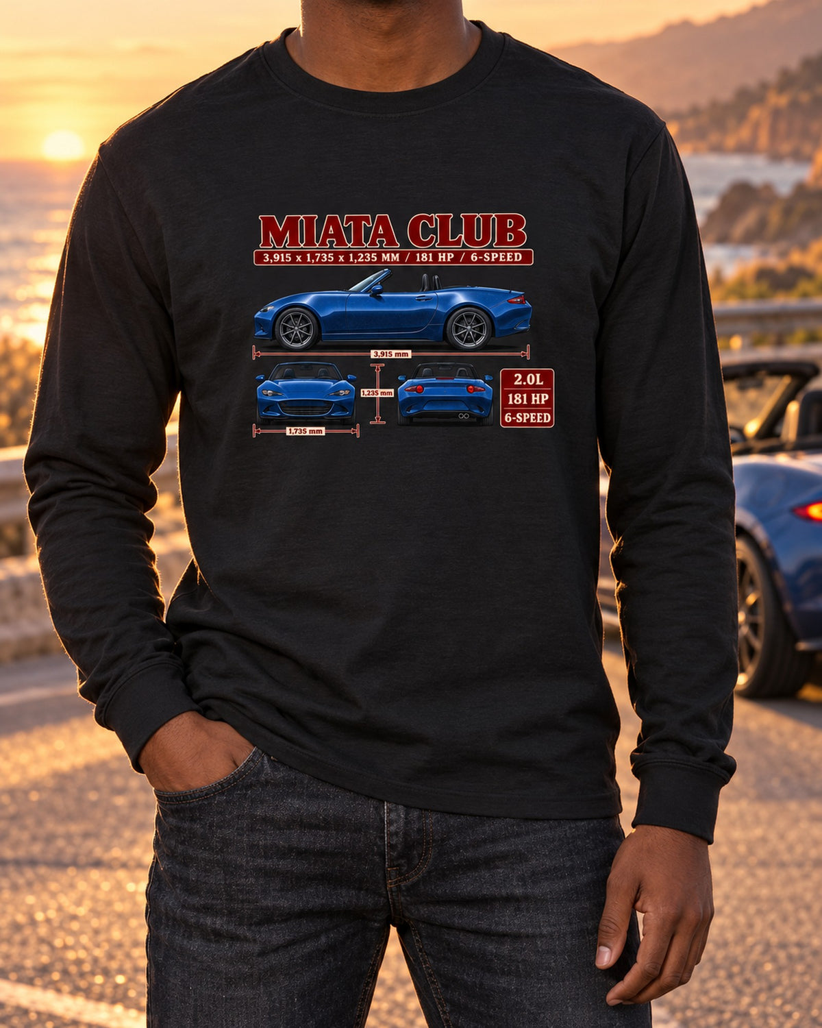 Mazda MX-5 ND Club Three-View Spec Shirt, Miata Car Gift Long Sleeve Black worn hero