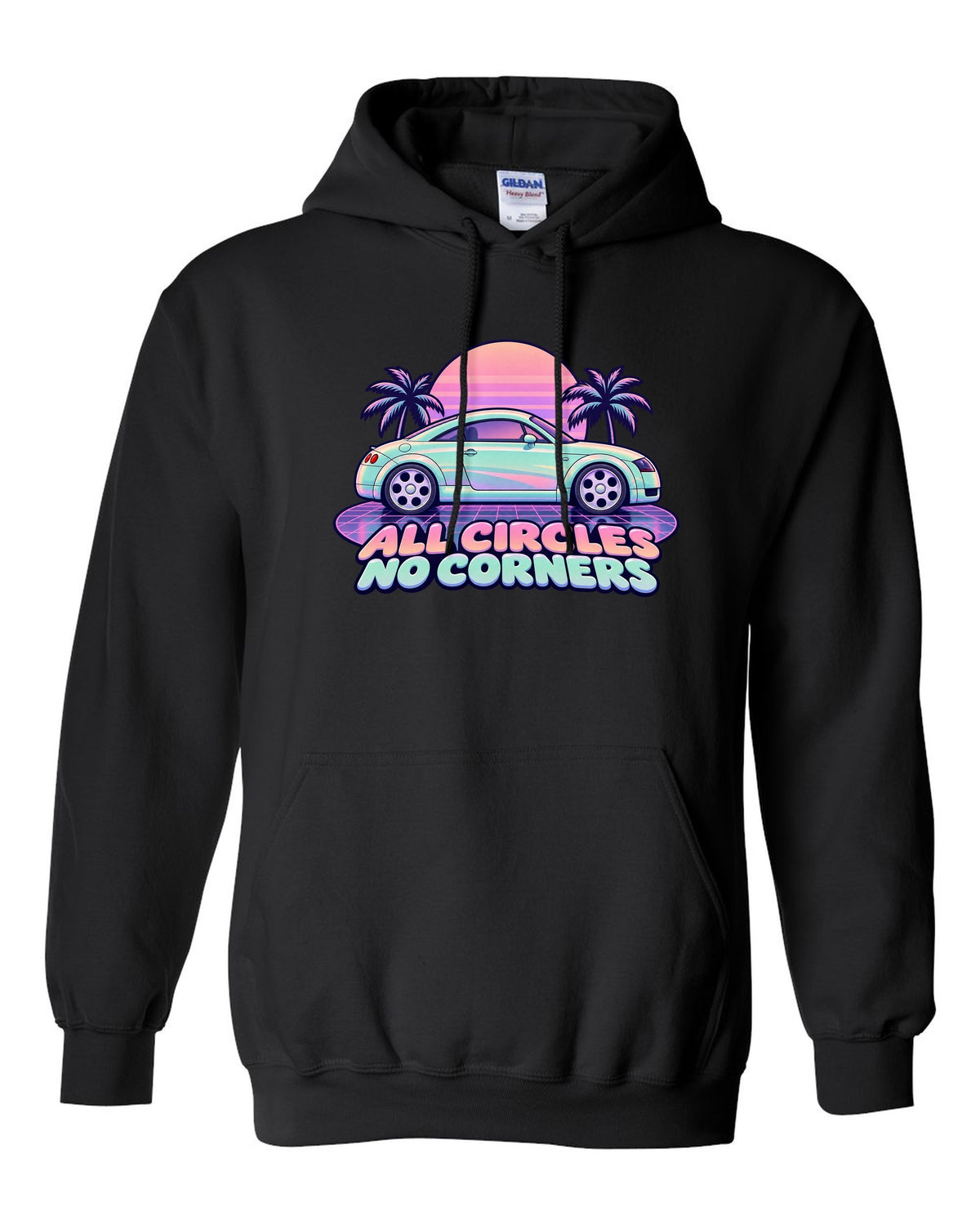 Pastel vaporwave print of an Audi TT Coupe 8N with all circles no corners text black pull over hoodie front view with the design