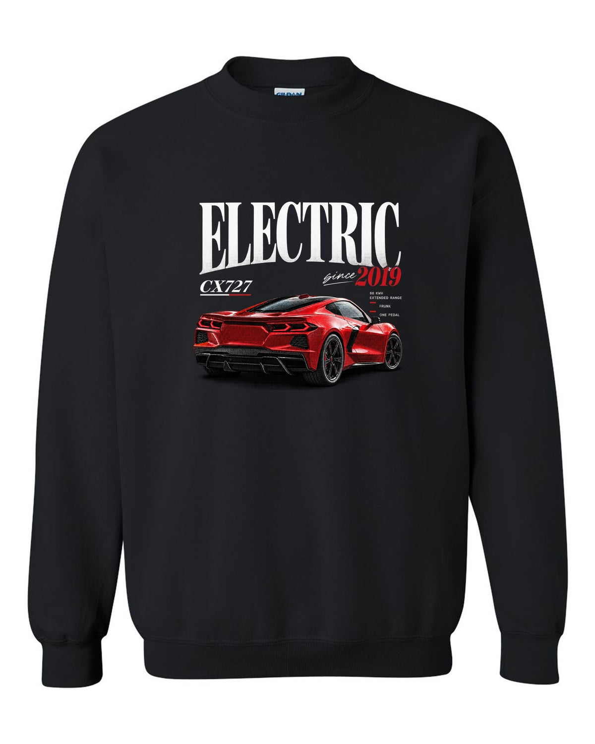 Ford Mustang Mach-E CX727 editorial headline print reading Electric Since 2019 black crewneck front view with the design