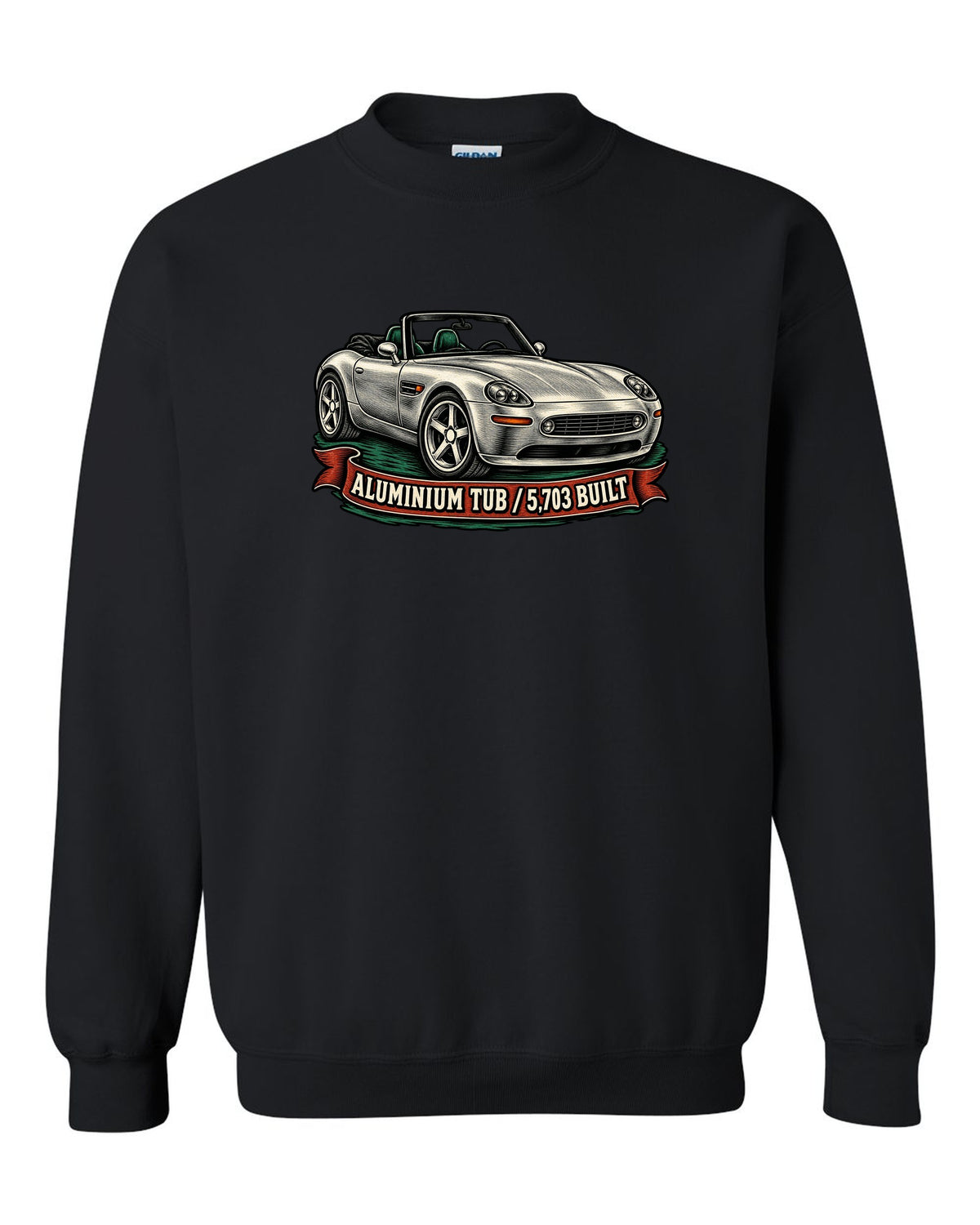 Woodcut linocut-style print of a BMW Z8 E52 roadster with 5,703 built text black crewneck front view with the design