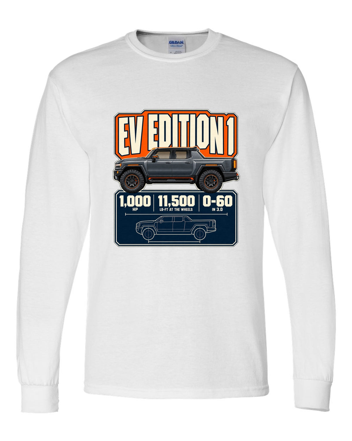 Spec poster print of the Hummer EV Edition 1 with horsepower and torque figures white long sleeve front view with the design
