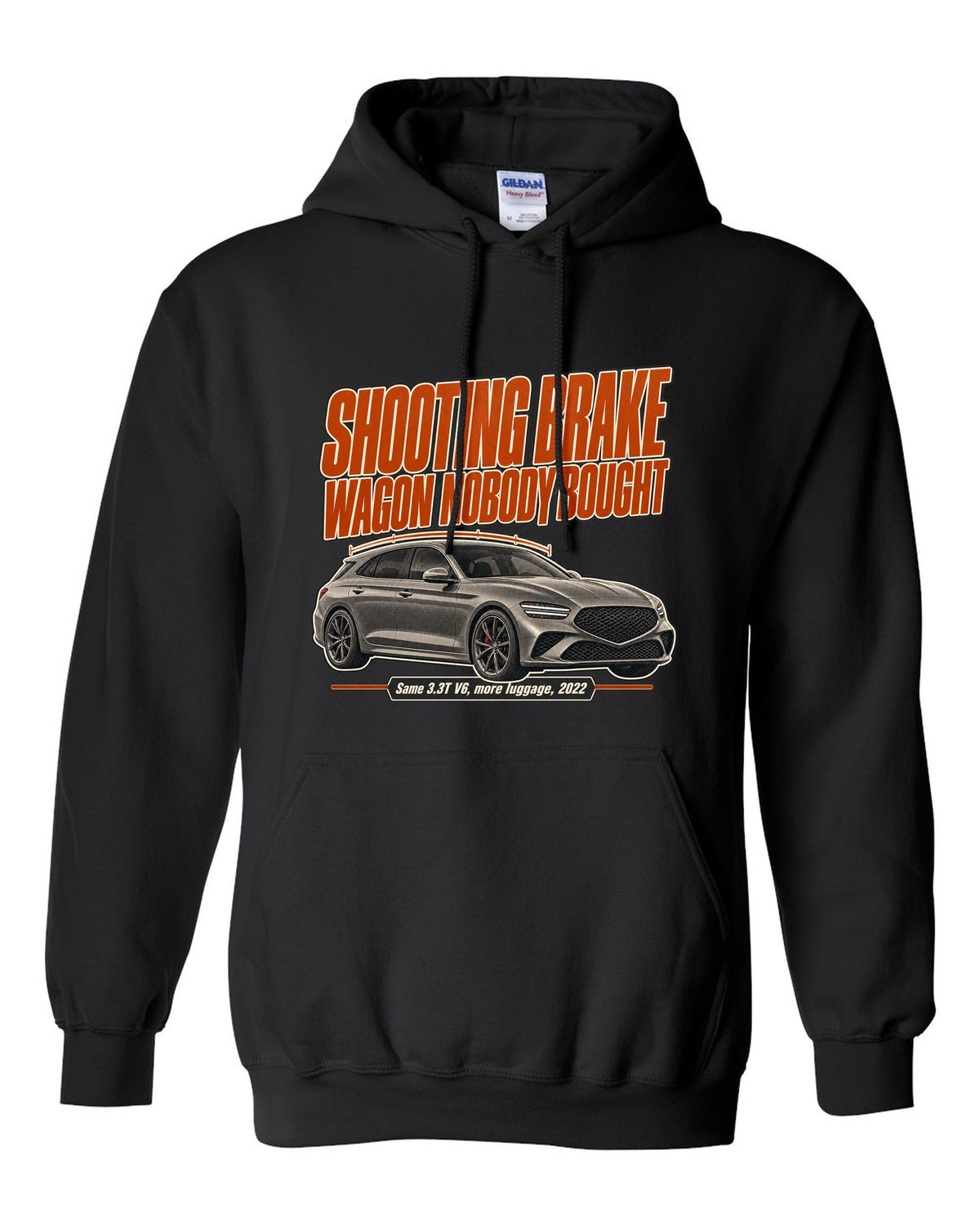 Editorial headline print for the Genesis G70 Shooting Brake reading wagon nobody bought black pull over hoodie front view with the design