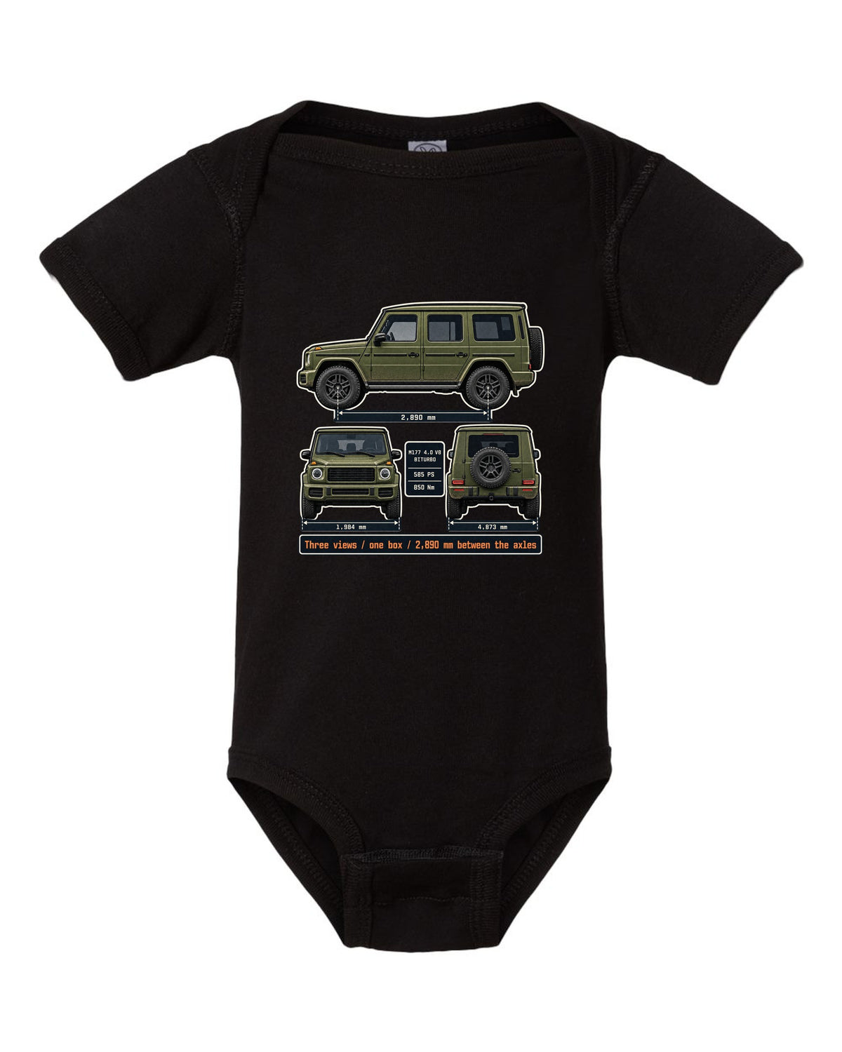 Three-view dossier print of a Mercedes-AMG G63 W463A black baby onesie front view with the design