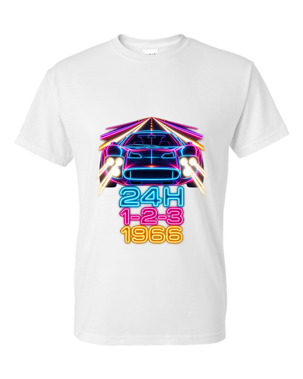 Neon long-exposure light trail print of a 1966 Ford GT40 Mk II with 24H 1-2-3 lettering white t-shirt front view with the design