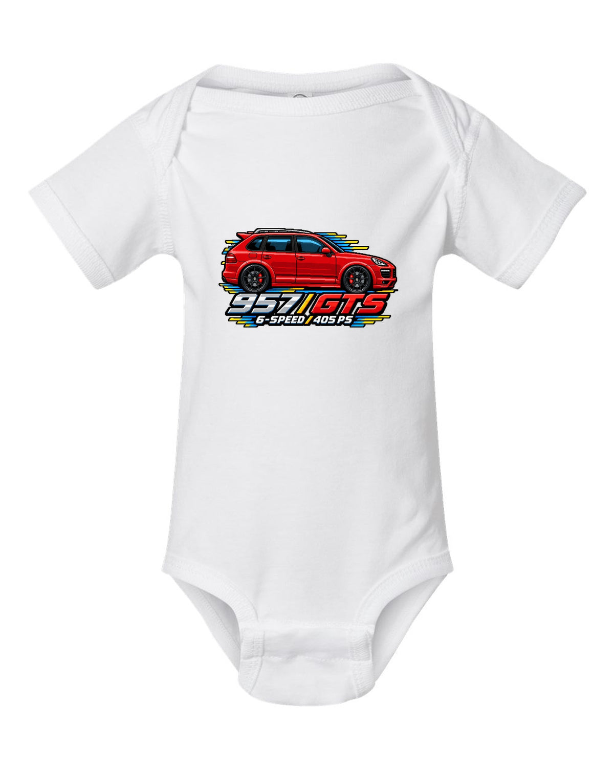 16-bit pixel art design of the Porsche Cayenne GTS 957 with 6-speed and 405 PS lettering white baby onesie front view with the design
