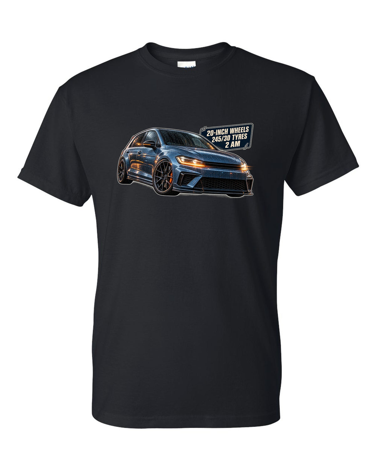 print of a Boost Blue Honda Civic Type R FK8 on a night touge road black t-shirt front view with the design