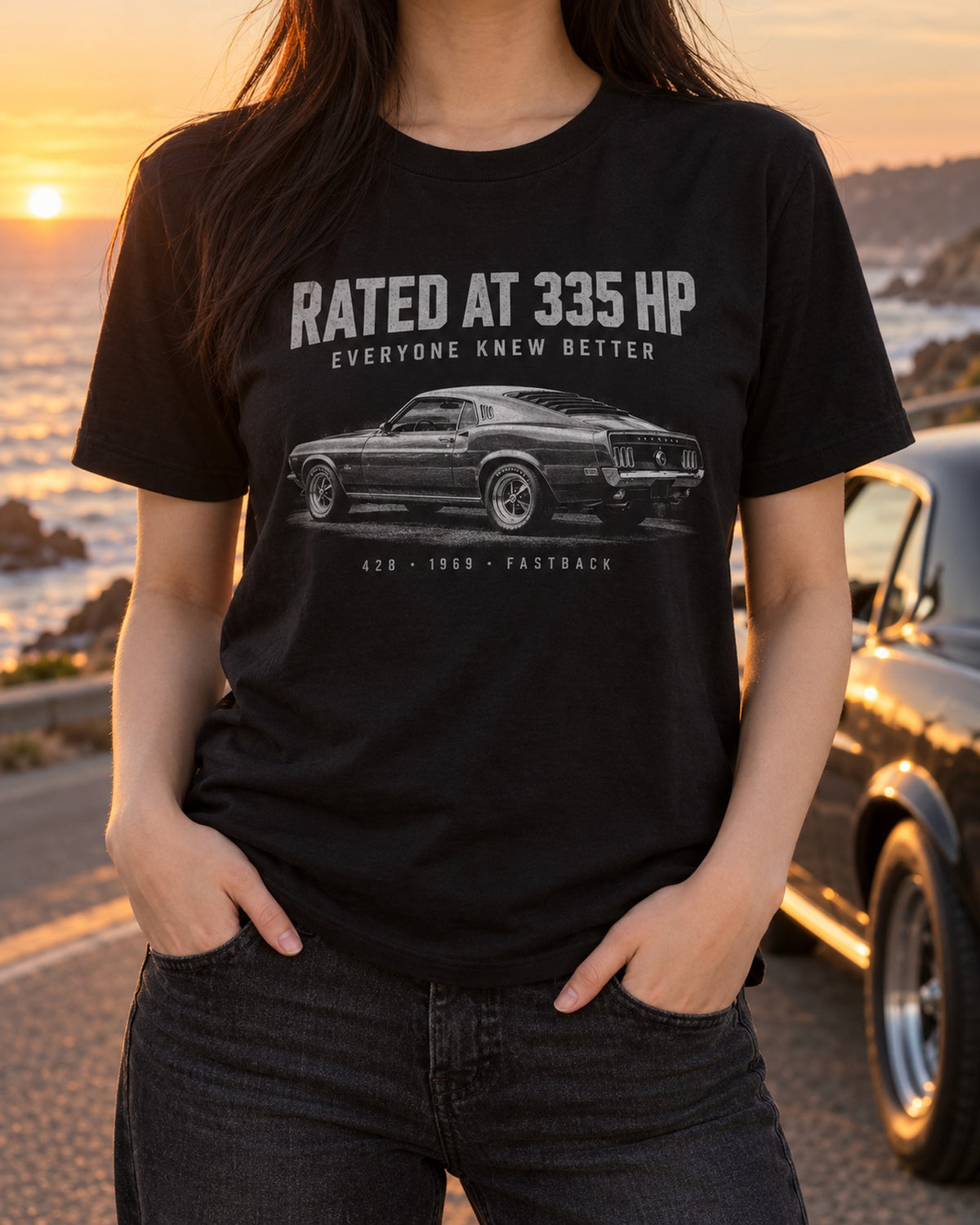 1969 Mustang Fastback 428 Halftone Shirt, Rated at 335 HP T-Shirt Black worn hero