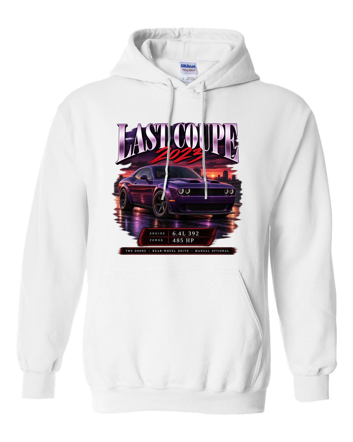 2023 Dodge Challenger Scat Pack Widebody archive panel print with last coupe lettering white pull over hoodie front view with the design