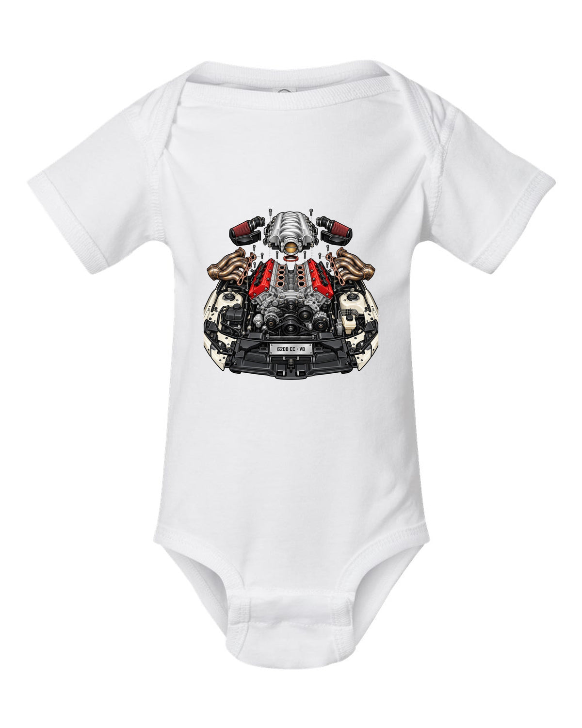 Exploded cutaway illustration of a Mercedes AMG M156 6.2 V8 engine white baby onesie front view with the design