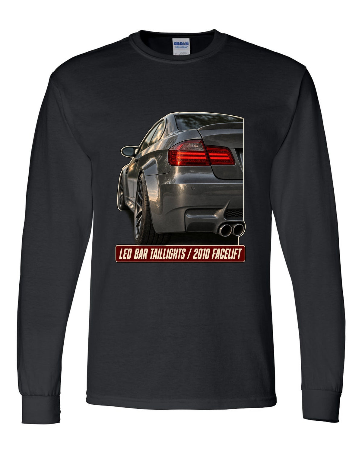 BMW M3 E92 LCI LED bar taillight close-up print black long sleeve front view with the design