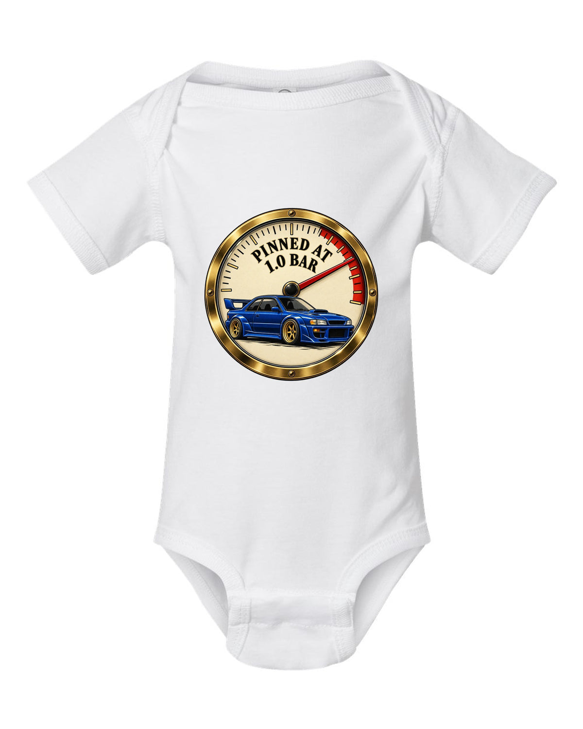 Dyno chart and spec sheet design for a Subaru Impreza WRX GC8 saloon with EJ20 white baby onesie front view with the design