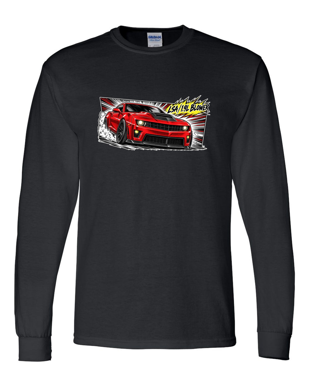 Retro manga panel with speed lines and screentone of a 2012 Chevrolet Camaro ZL1 black long sleeve front view with the design