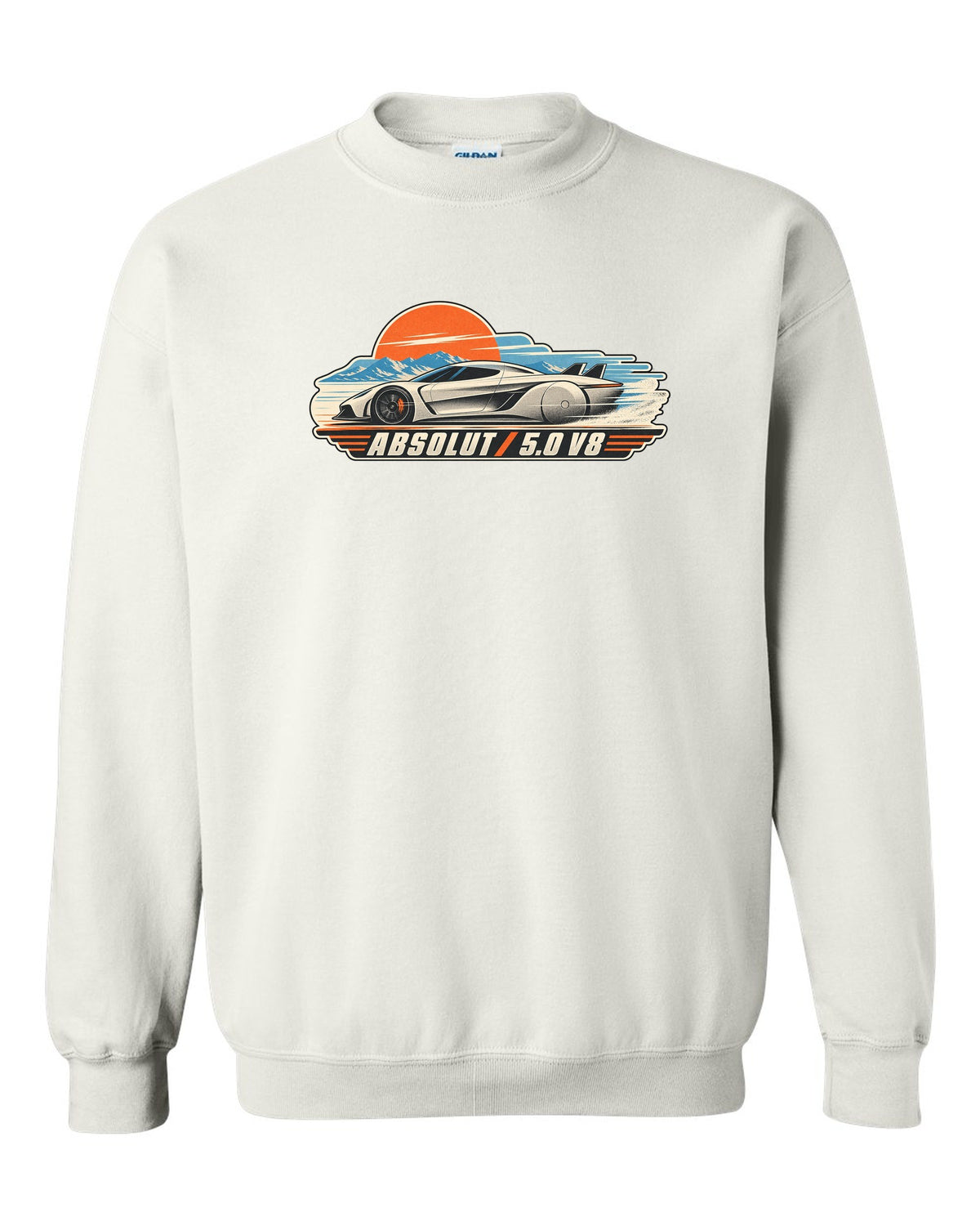 Vintage race poster illustration of the Koenigsegg Jesko Absolut with ABSOLUT 5.0 V8 lettering white crewneck front view with the design