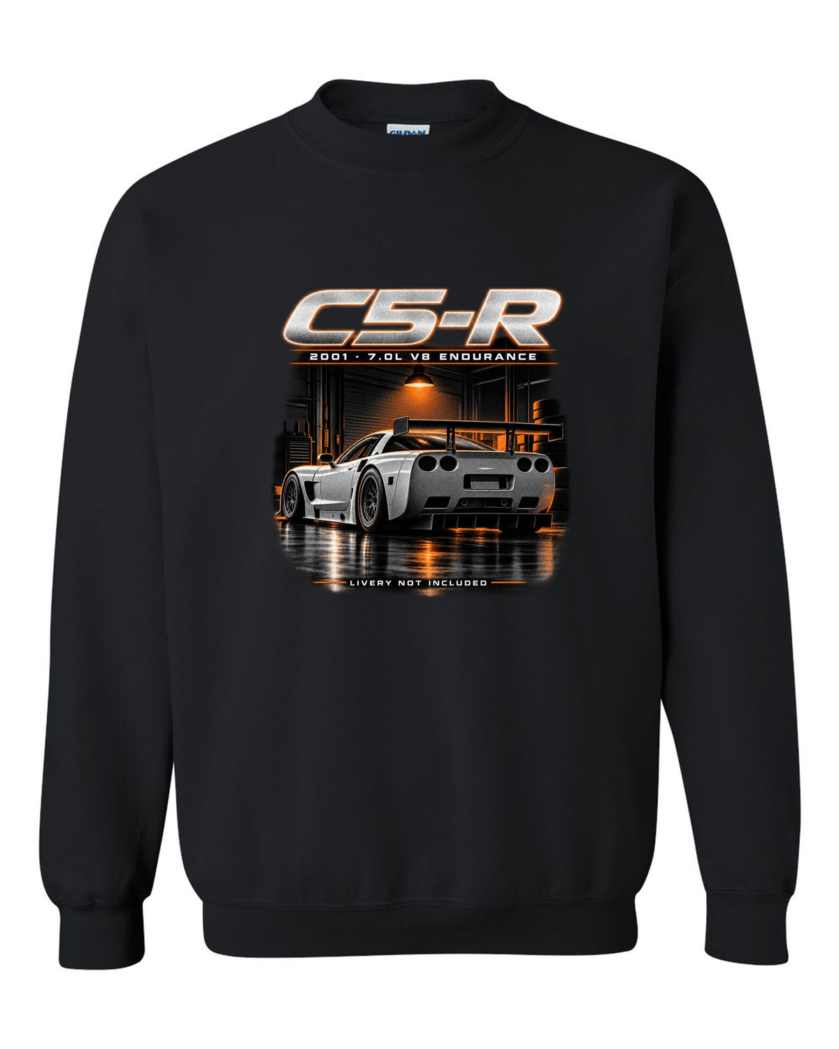 Corvette C5-R race car with big rear wing in a night garage black crewneck front view with the design