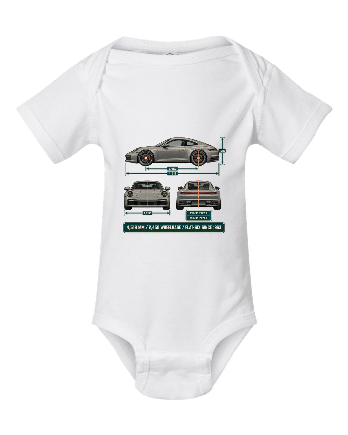 Dimension blueprint print of a Porsche 992 Carrera S with measurements white baby onesie front view with the design