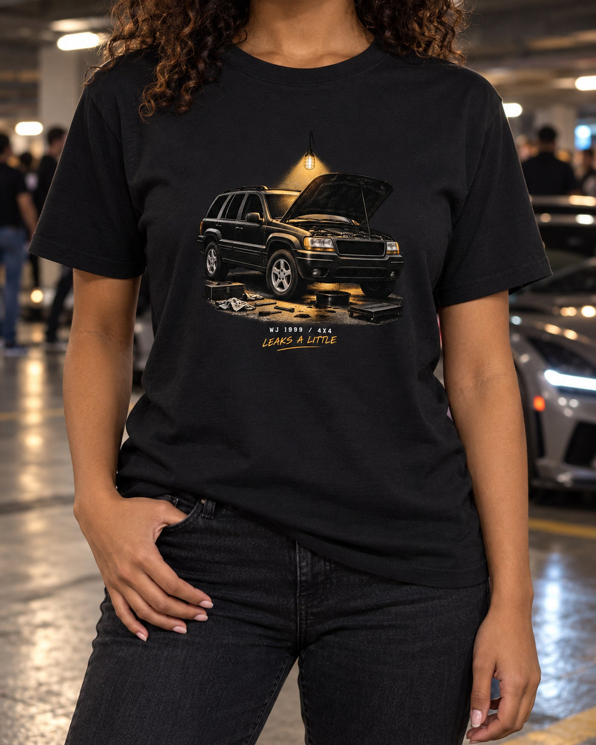 Jeep Grand Cherokee WJ 4x4 Garage Night print Shirt T-Shirt Black worn hero