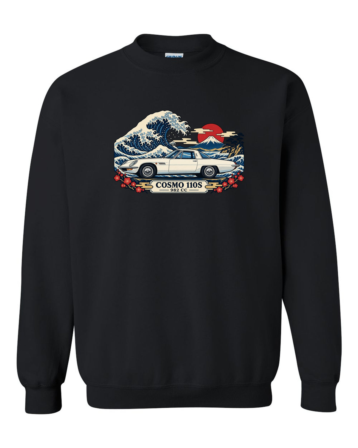 Ukiyo-e woodblock illustration of the Mazda Cosmo Sport 110S with a wave and 982 CC lettering black crewneck front view with the design