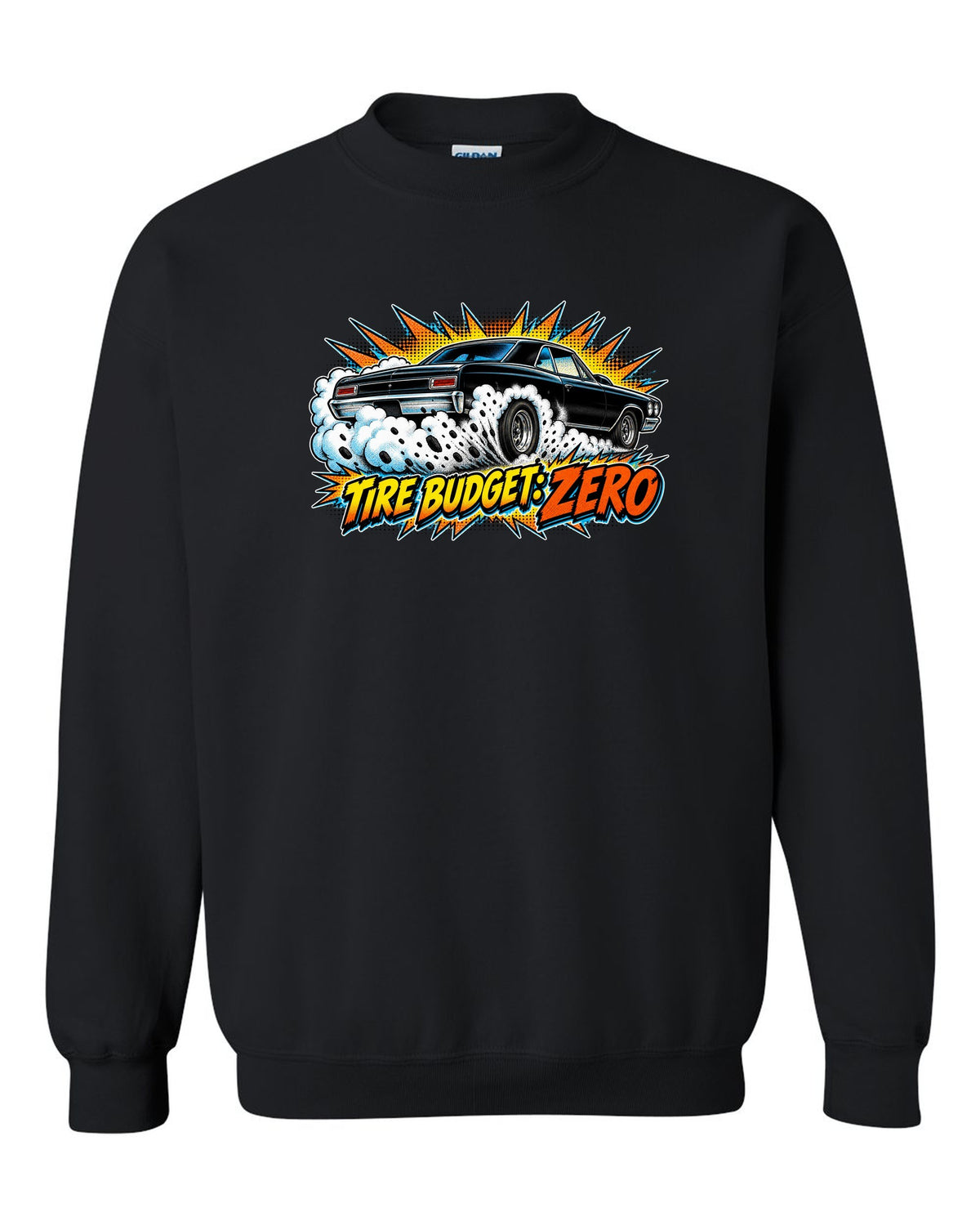 Comic halftone burst illustration of a 1966 Chevrolet Chevelle Malibu SS doing a burnout black crewneck front view with the design
