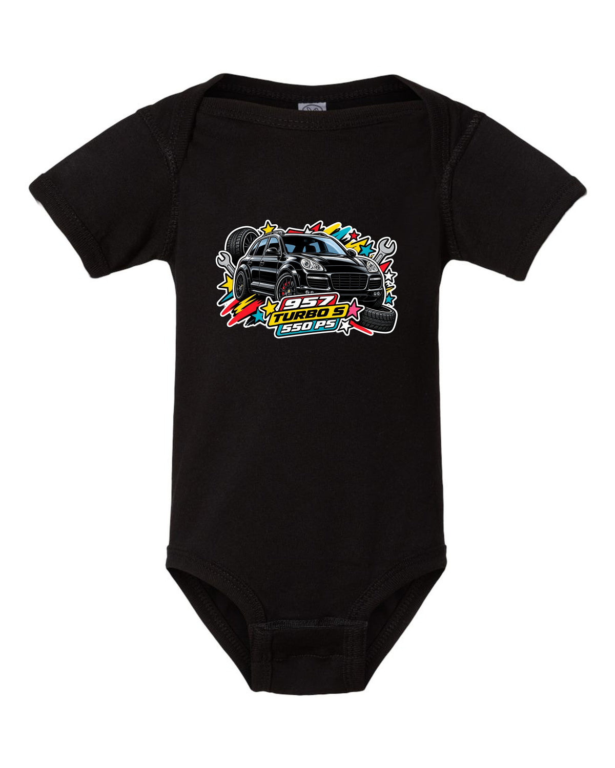 Porsche 991 R patent line art coupe design with 6-speed and 991 built text black baby onesie front view with the design