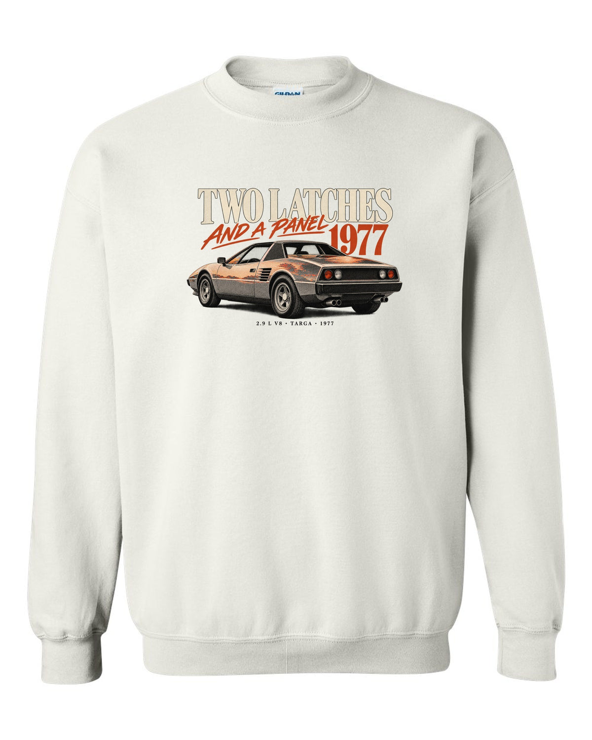 Ferrari 308 GTS 1977 rear three-quarter print, two latches and a panel, targa roof white crewneck front view with the design