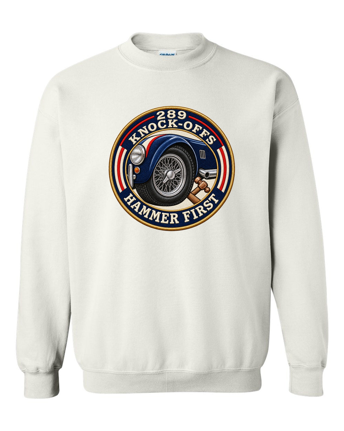 Embroidered-patch style crest print for a Shelby Cobra 289 with Knock-Offs lettering white crewneck front view with the design