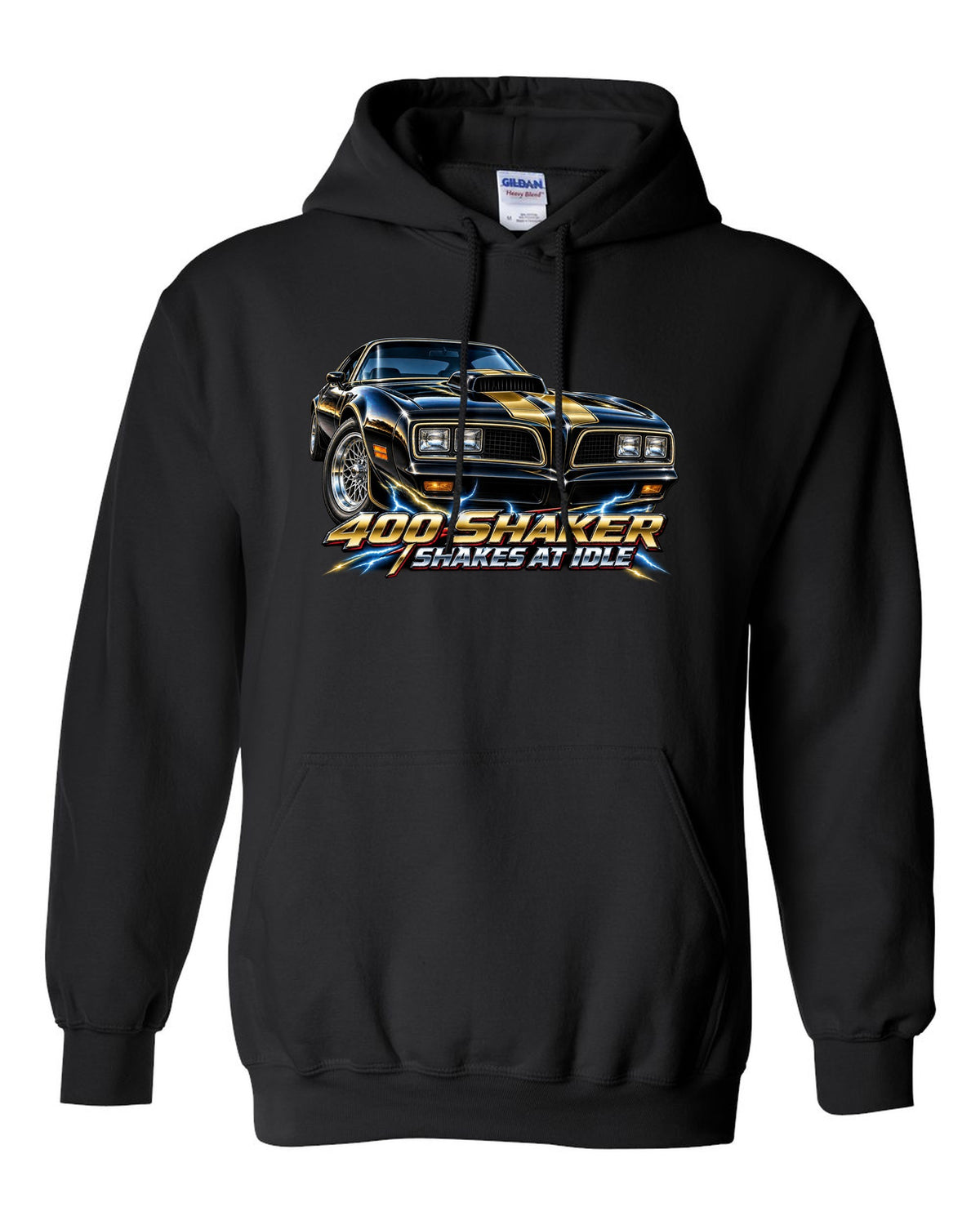 1977 Pontiac Firebird Trans Am shaker hood close-up in airbrush chrome black pull over hoodie front view with the design