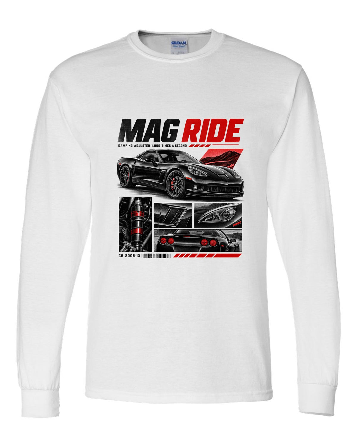 Corvette C6 coupe in dossier panels with magnetic ride text white long sleeve front view with the design