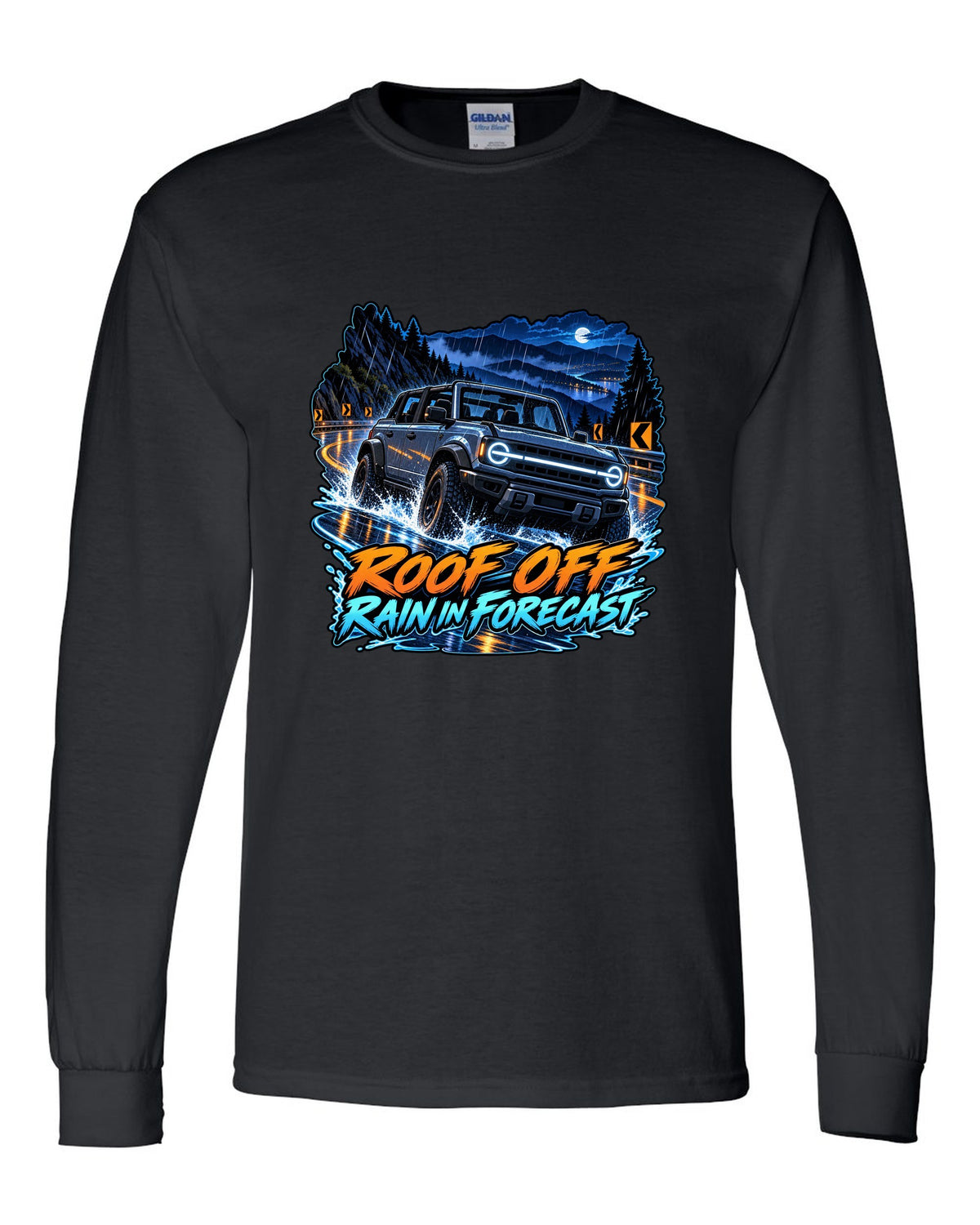 Cel-shaded anime night garage print of a 2021 Ford Bronco 4-door 6G with roof off black long sleeve front view with the design