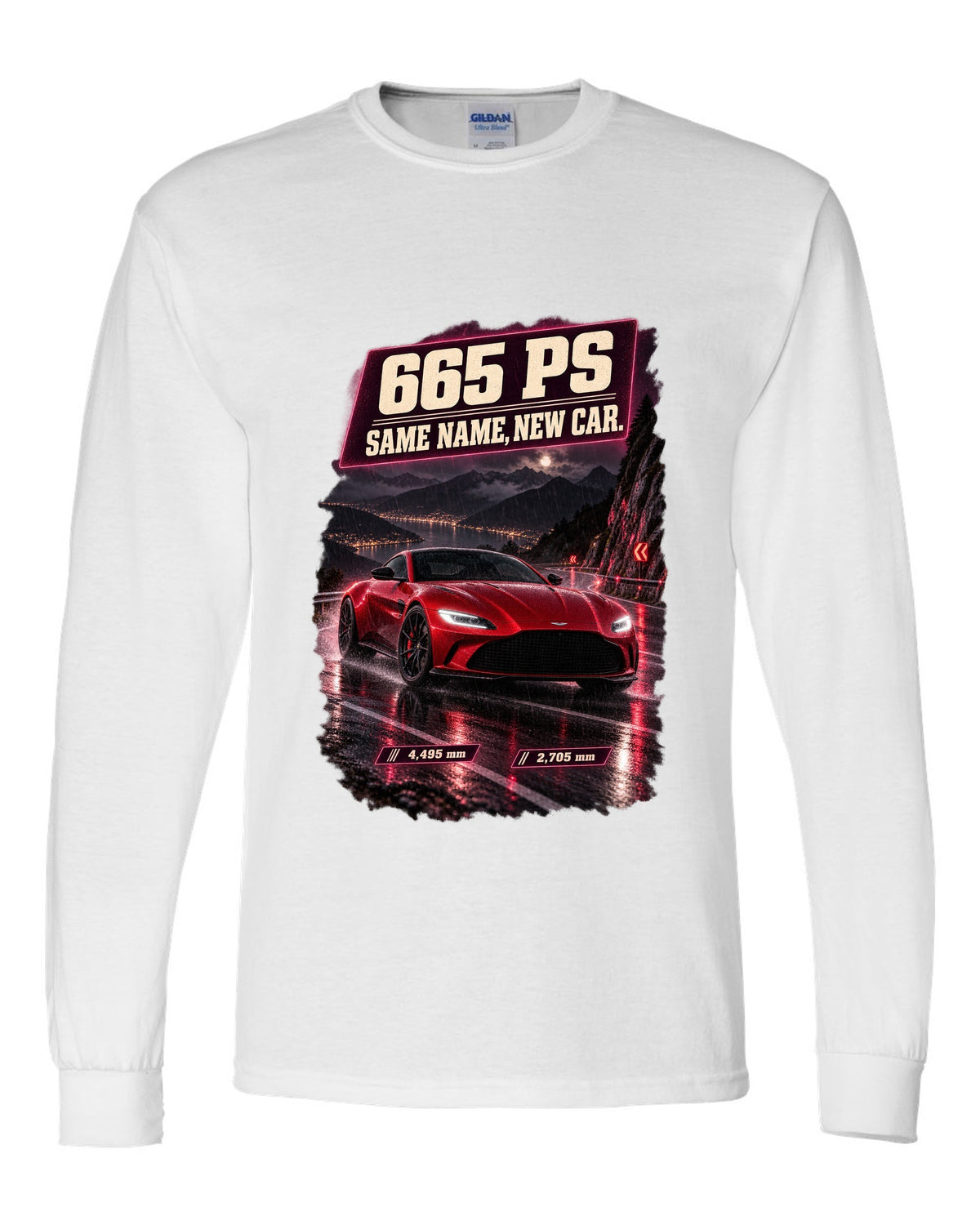 Aston Martin Vantage 2024 touge night street print with 665 PS text white long sleeve front view with the design