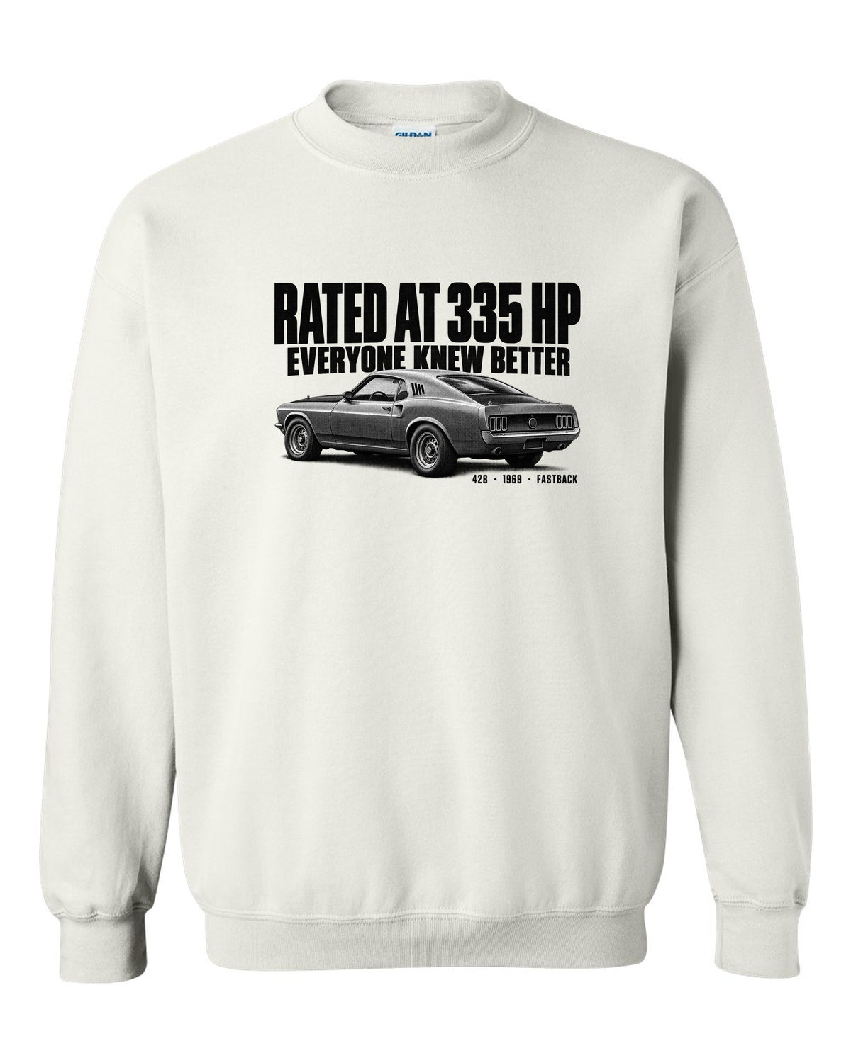 Halftone illustration of a 1969 Ford Mustang fastback with rated at 335 HP lettering white crewneck front view with the design