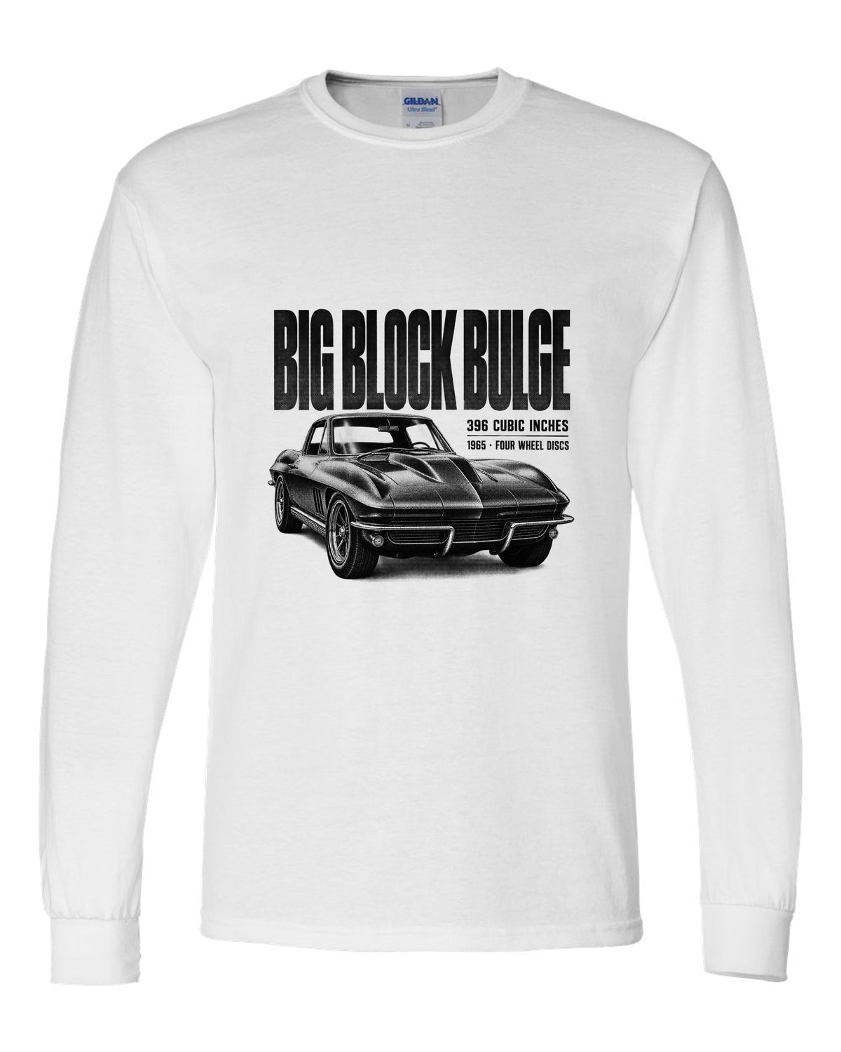 Chevrolet Corvette C2 Sting Ray 1965 big-block 396 hood bulge halftone print white long sleeve front view with the design
