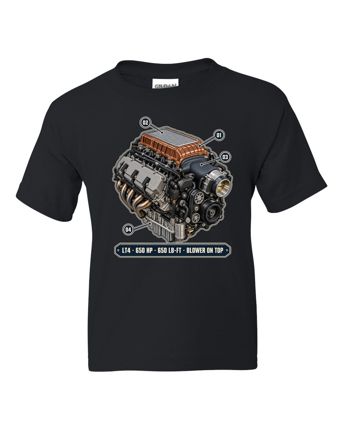 Camaro ZL1 LT4 supercharged engine bay poster print black kids tee front view with the design