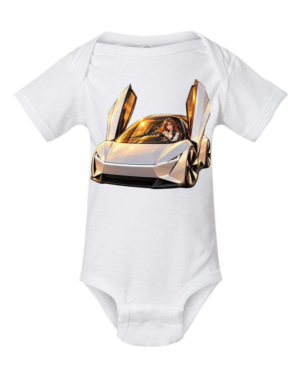 Tesla Roadster Golden Hour Anime Girl Baby Onesie White front