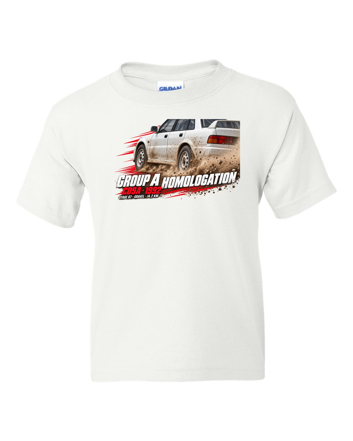 Rally poster print for the Mitsubishi Lancer Evolution I CD9A reading Group A Homologation, 1992, Stage 07 gravel white kids tee front view with the design