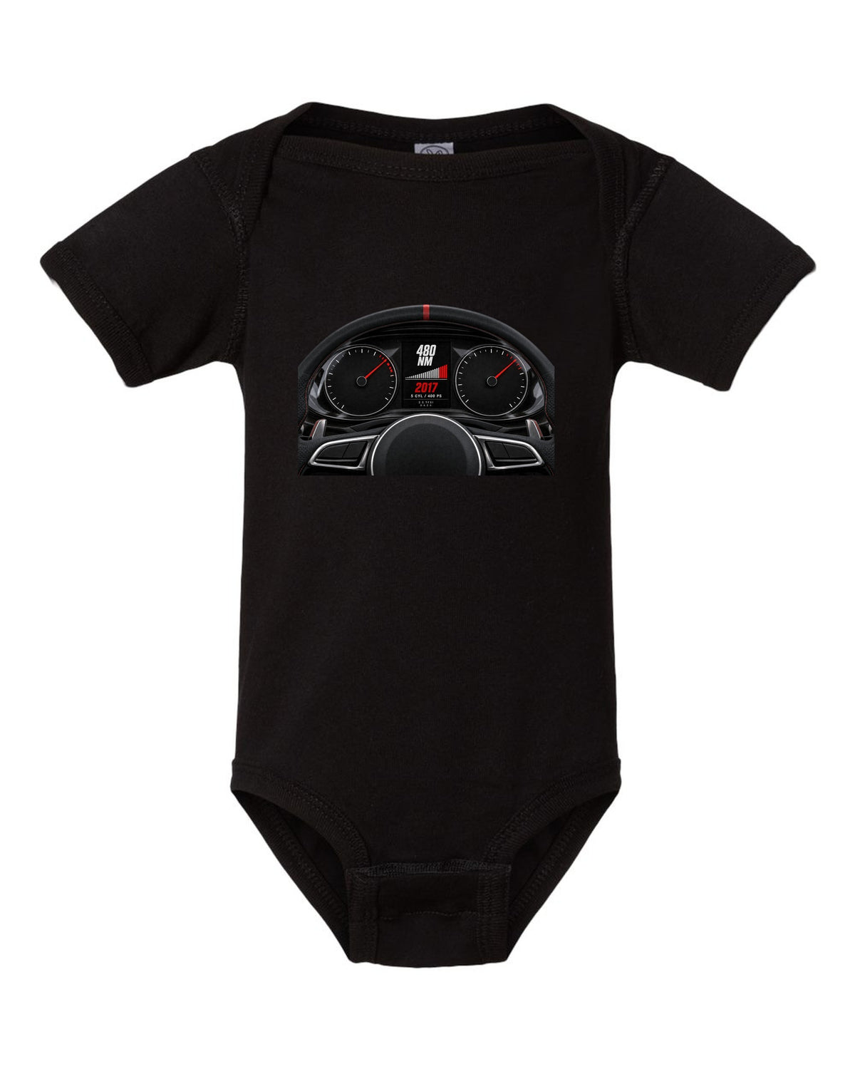 Audi RS3 8V instrument cluster gauge design with 5 cyl 400 PS text black baby onesie front view with the design