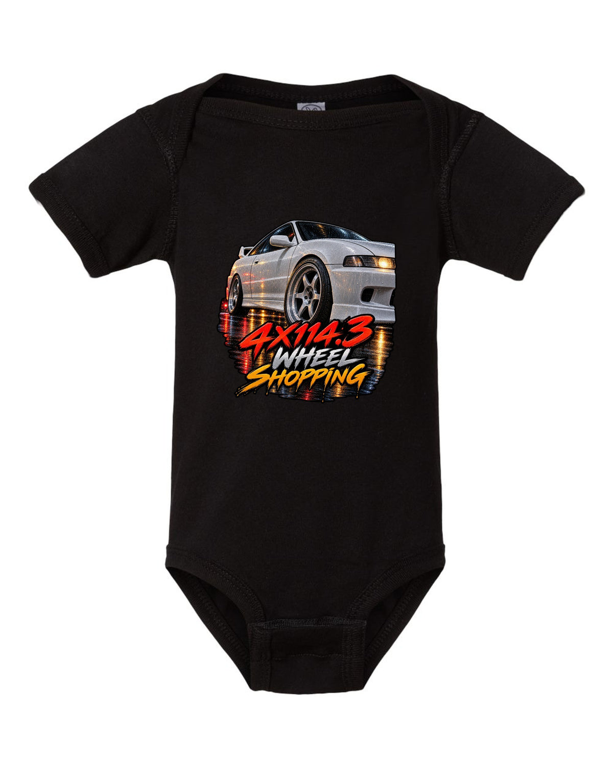Cinematic macro painting print of a wet wheel on a 1995 Honda Integra DC2 coupe with 4x114.3 text black baby onesie front view with the design