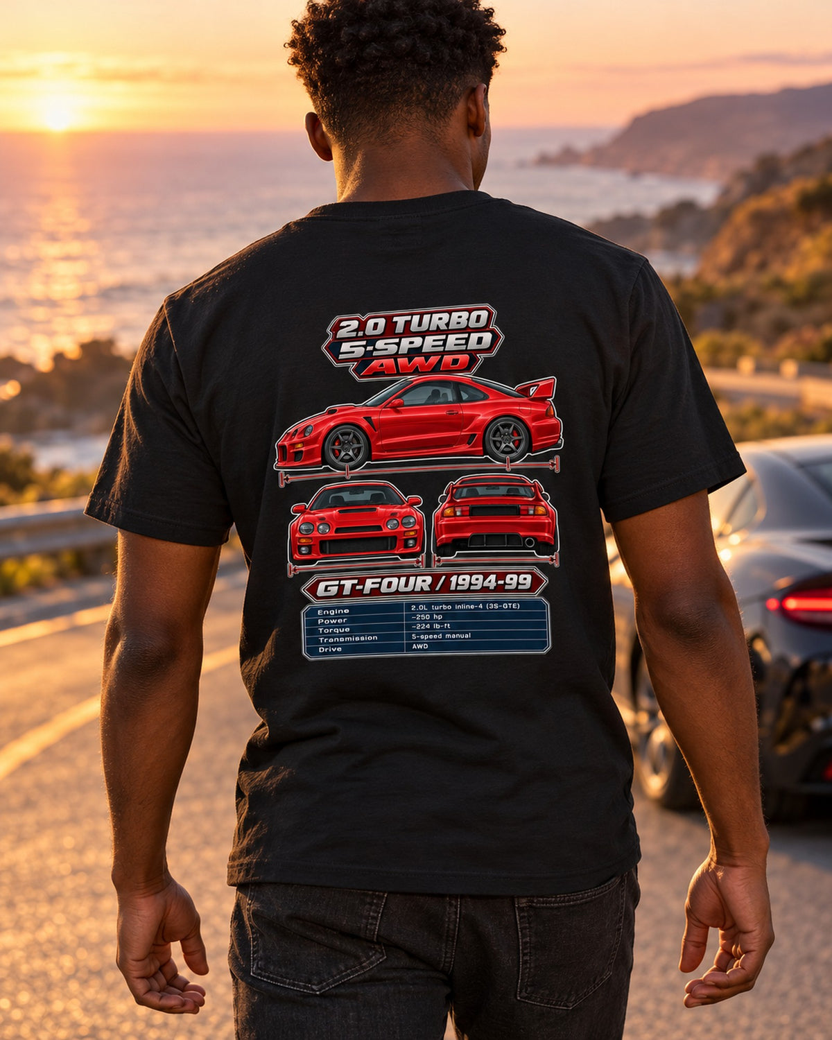Toyota Celica Gt Four St205 Spec Sheet Full-Back Graphic Tee T-Shirt Black worn hero