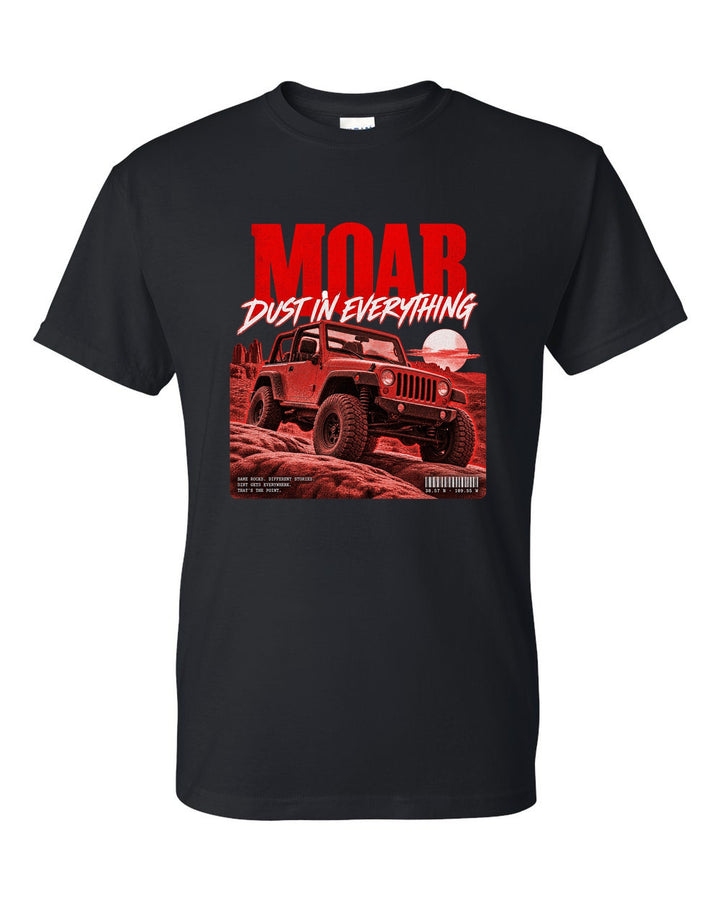 Street poster print for the Jeep Wrangler TJ, Moab dust in everything black t-shirt front view with the design