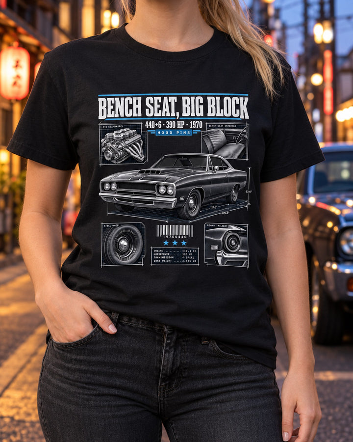 1970 Plymouth Road Runner B-body Bench Seat Blueprint Tee T-Shirt Black worn hero