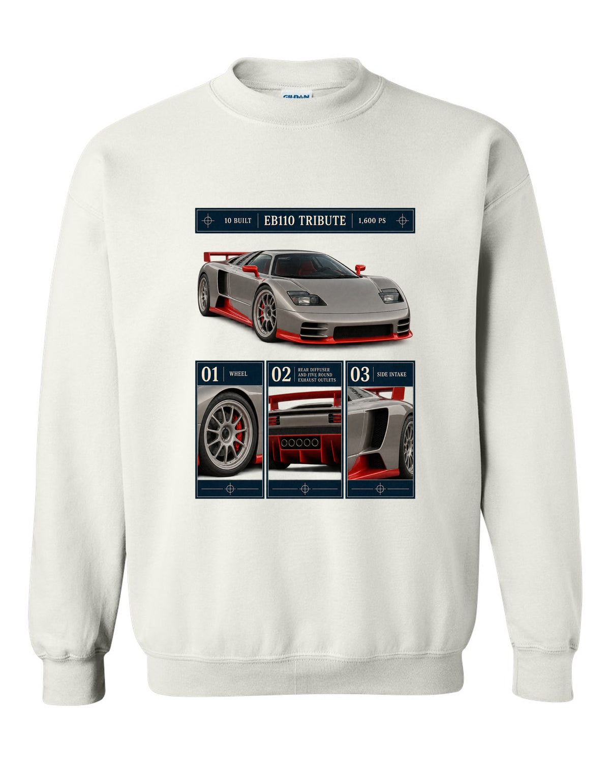 Bugatti Centodieci dossier panel print noting EB110 tribute and 10 built white crewneck front view with the design