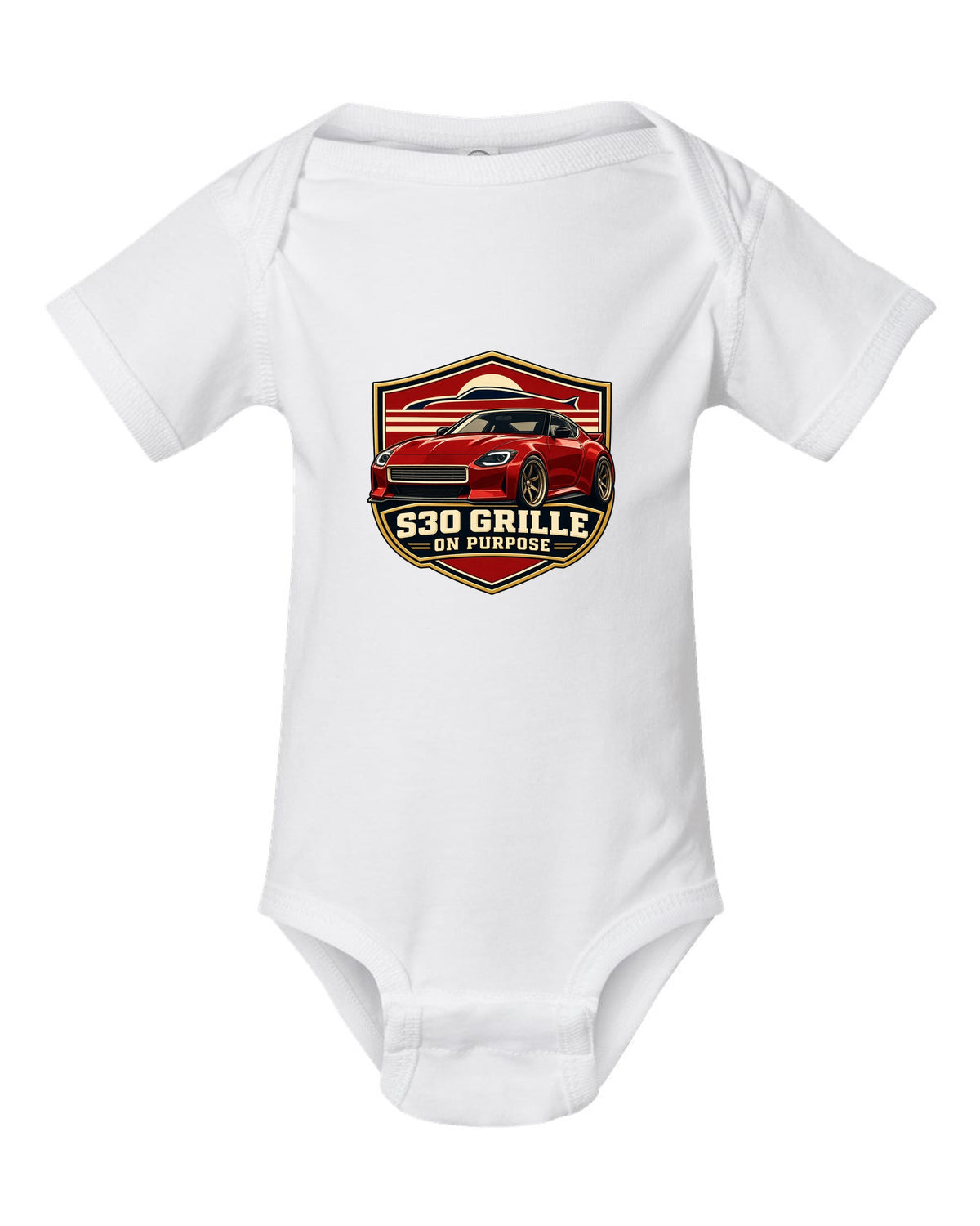Shield crest print for the Nissan Z RZ34 referencing the S30 grille white baby onesie front view with the design