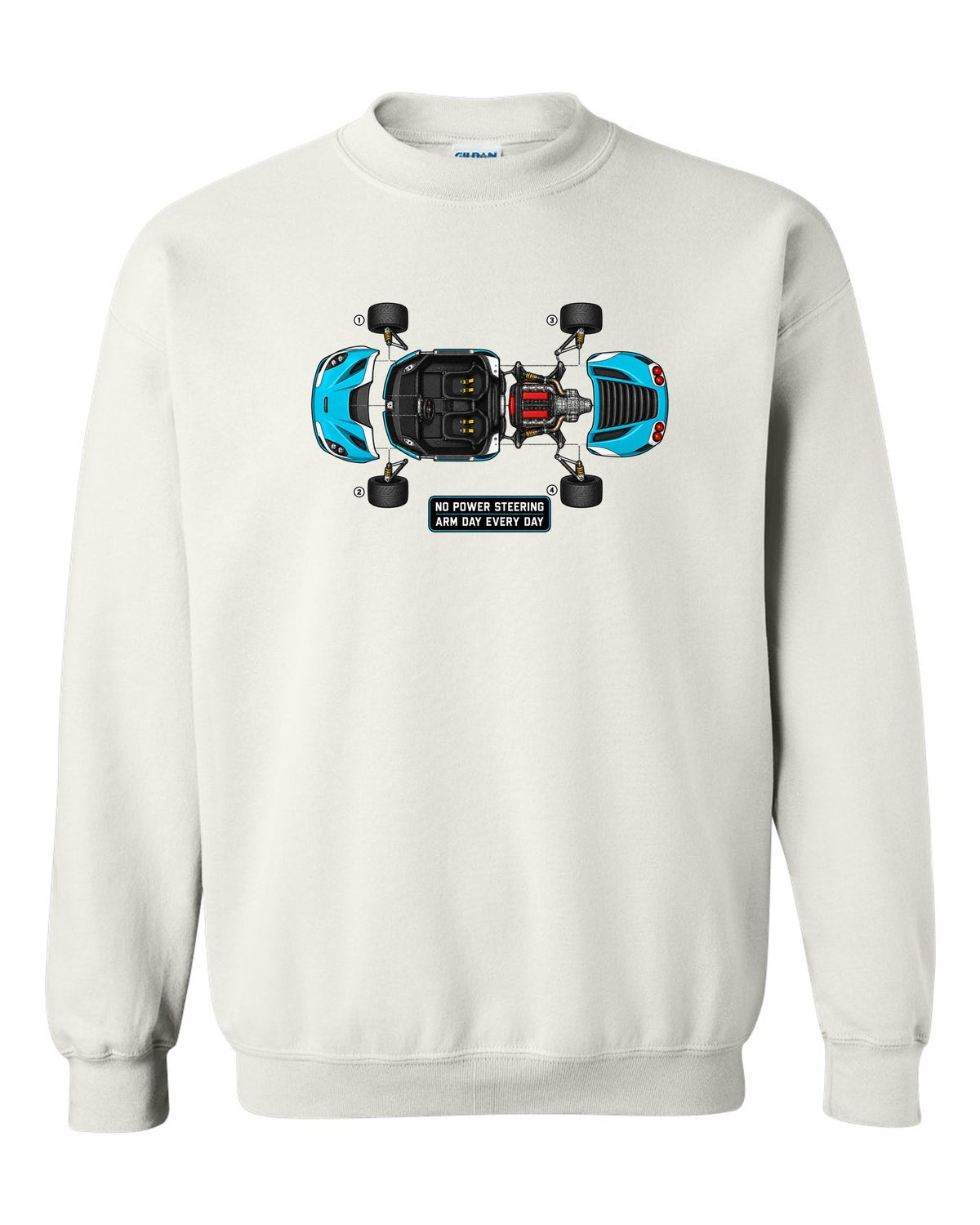 Blueprint exploded view of an Alfa Romeo 4C with no power steering arm day text white crewneck front view with the design